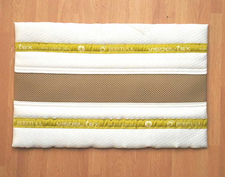 Muestra de platabanda de colchón terminada, destacando la banda central de tejido de malla transpirable (Air Mesh) en color beige, flanqueada por cintas decorativas y tejido exterior acolchado.